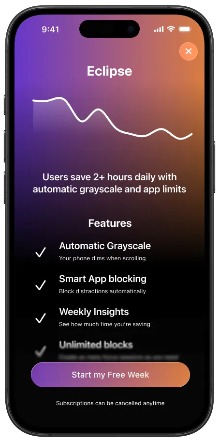 Eclipse onboarding screen showing decreasing usage graph and app features